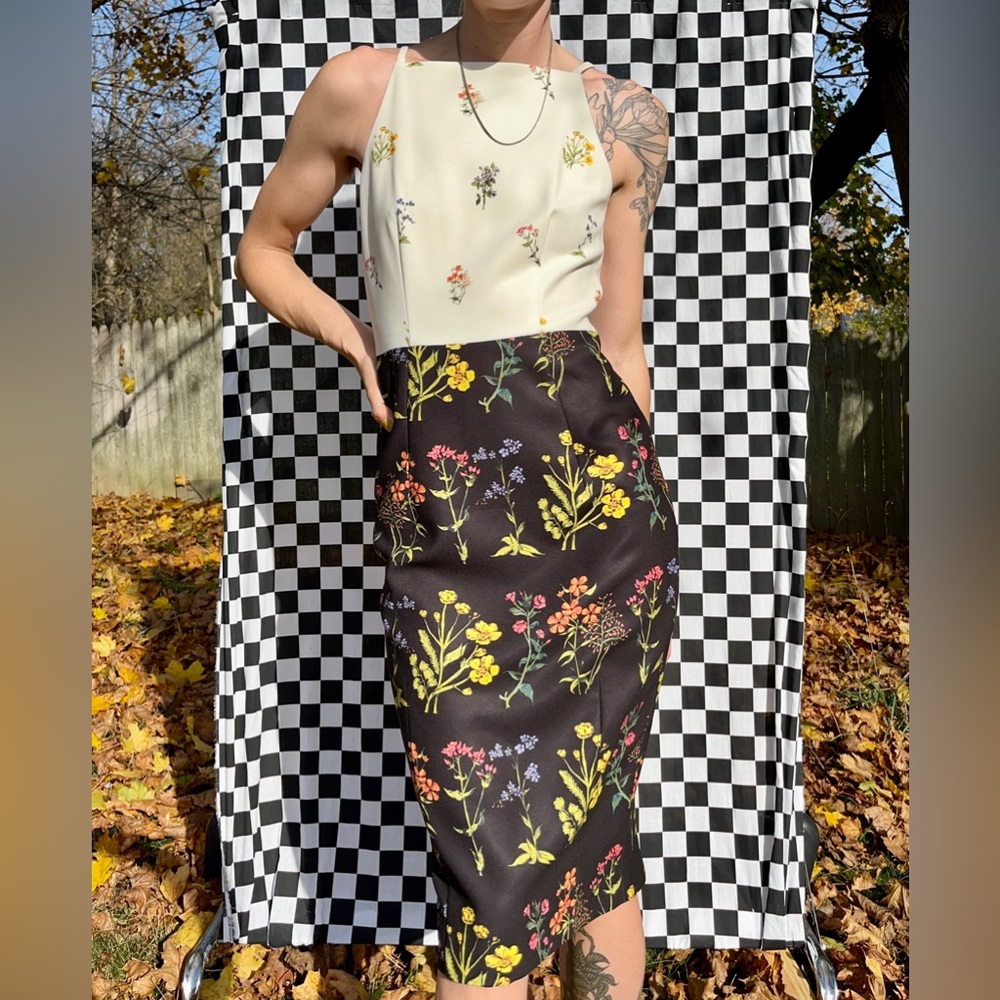 H&M Black and White Botanical Print Fitted Tank Top Dress